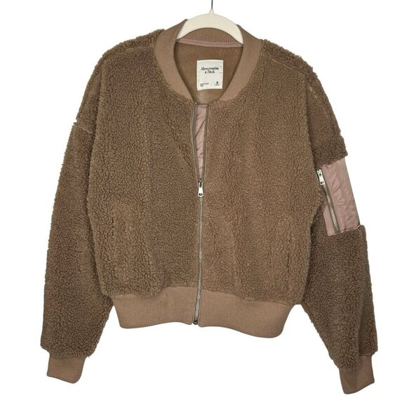 ABERCROMBIE & FITCH Womens Camel Tan Sherpa Bomber Jacket Velvet Lining Size M - Picture 2 of 6